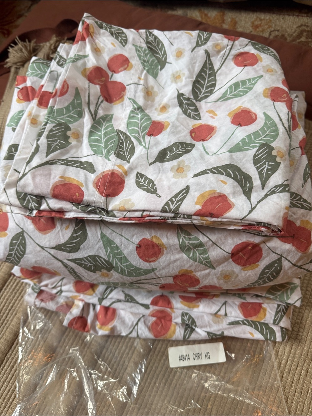 Garnet Hill organic cotton Vintage Cherries 🍒 sheet set percale KING NEW NWOT